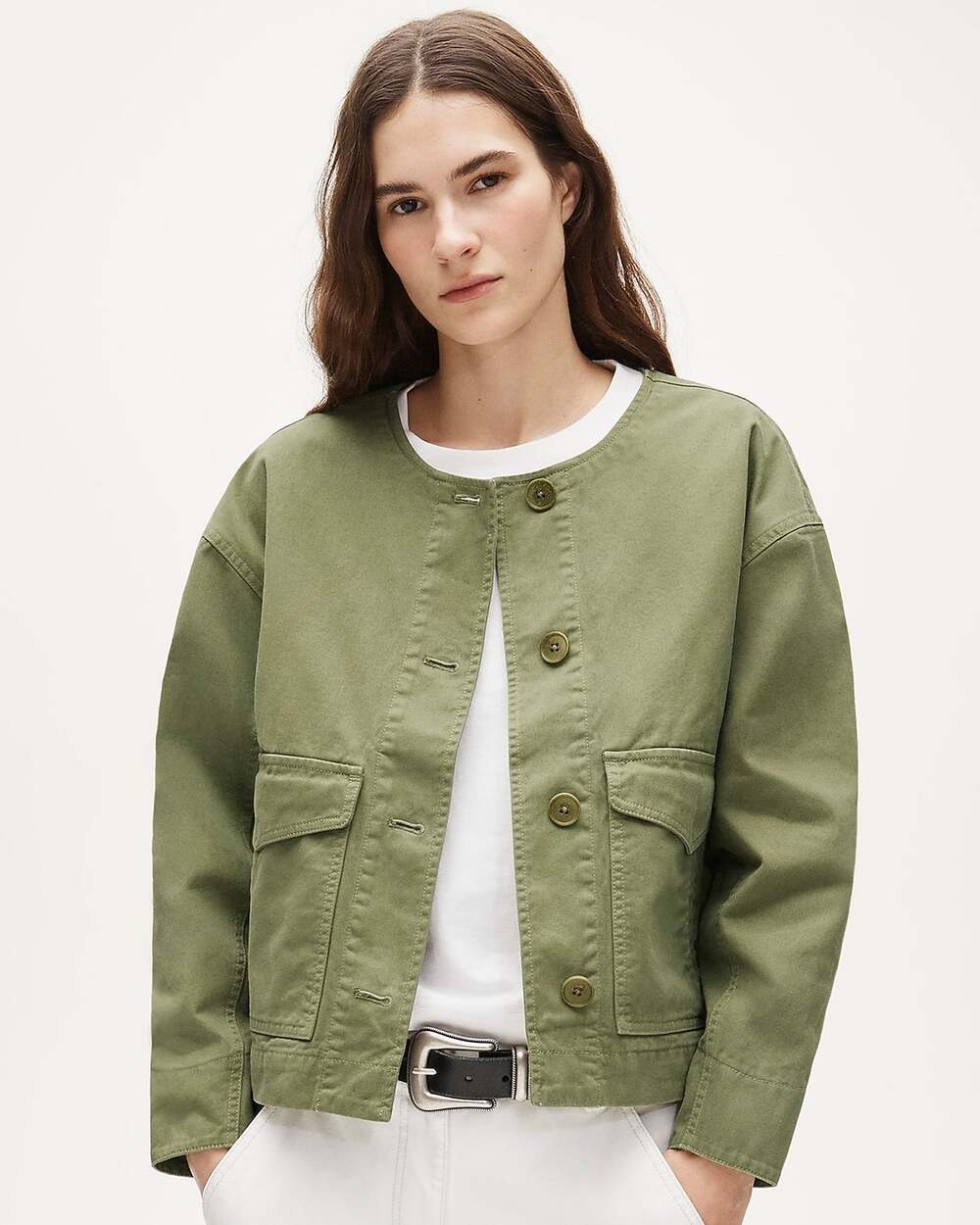 J. Crew Collarless Utility Jacket Brushed Cotton Twill Tuscan Olive Green Sz XS